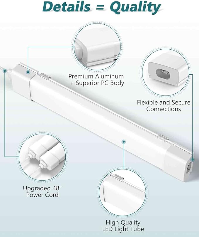 WNSNOU LED Shop Light With Plug, 4FT Waterproof Linkable Tube, 36W Cabinet Lighting 5000K Wired Electric Ceiling With ON/Off Switch, 4000LM Closet Light for Workshop, Room