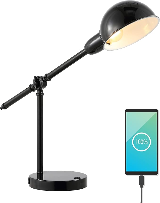 JONATHAN Y Curtis Task Lamp 20.25" Industrial Metal Adjustable USB, Black | Vintage Style, Dome Shade, LED Bulb Included, Perfect for Home Office or Nightstand