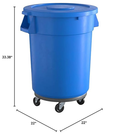 32 Gallon Blue Round Commercial Trash Can with Lid and Dolly, Heavy-Duty Food Grade NSF Certified, Perfect for Restaurant, Office, School, Garage, Backyard, Workshop, Warehouse