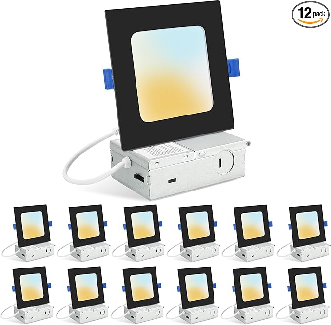 HONZIN 12 Pack 6 Inch Square Recessed Lighting, 5CCT Ultra Thin Square Recessed LED Downlight with Junction Box, 2700K/3000K/3500K/4000K/5000K Selectable, Dimmable,15W, Canless IC Rated, Black Trim