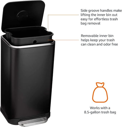 Amazon Basics Rectangular Metal Trash Can With Soft-Close Foot Pedal, Fingerprint Resistant, Removable Inner Bucket, 32 liter/8.5 gallon, Black, 14"L x 14"W x 25.3"H