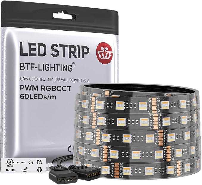 BTF-LIGHTING RGBCCT LED Strip UL Listed 16.4ft 60LED/m 300LED DC12V IP67 | Black LED Tape 12mm wide 5 Colors in 1 RGB+Dimmable Tunable Color Temperature 2700K-6500K for Decor(No Adapter or Controller)