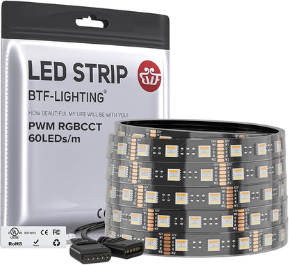 BTF-LIGHTING RGBCCT LED Strip UL Listed 16.4ft 60LED/m 300LED DC12V IP67 | Black LED Tape 12mm wide 5 Colors in 1 RGB+Dimmable Tunable Color Temperature 2700K-6500K for Decor(No Adapter or Controller)