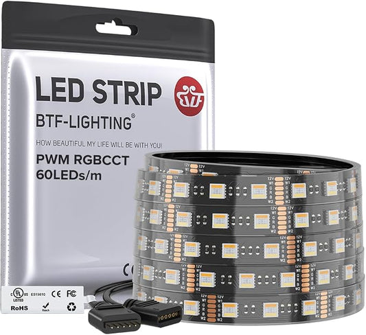 BTF-LIGHTING RGBCCT LED Strip UL Listed 16.4ft 60LED/m 300LED DC12V IP67 | Black LED Tape 12mm wide 5 Colors in 1 RGB+Dimmable Tunable Color Temperature 2700K-6500K for Decor(No Adapter or Controller)