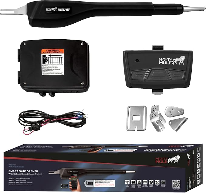 Mighty Mule MM371W Automatic Gate Opener, Smart and Solar Ready, Includes Gate Opener Remote and More-Up to 16ft Long or 550lb, Black, 1 Gate Opener Kit