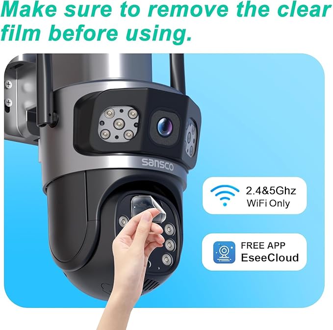 SANSCO 2K Dual Lens Solar Security Camera Wireless Outdoor, 2.4G & 5G WiFi, 360° PTZ Home Security Camera, 100% Wired Free, Spotlight Color Night Vision, 2-Way Audio, PIR Motion Detection, APP Alerts