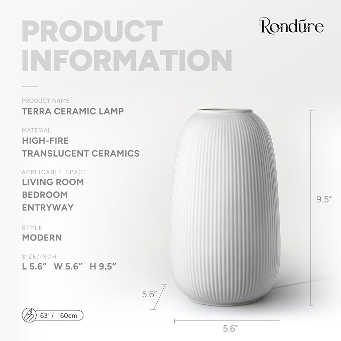 RONDURE Modern Ceramic Decorative Table Lamp Living Room Bedroom Bedside | Handcrafted Unique Warm Ambient Lighting Lamp, Accent White Translucent Ceramic shade, Fully Dimmable, Corded, Bulb Included