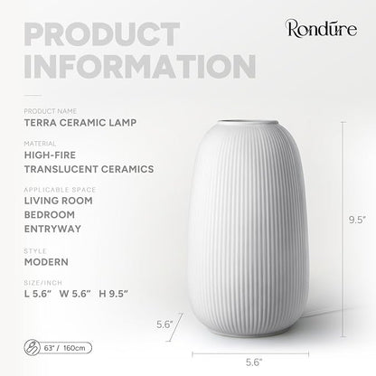 RONDURE Modern Ceramic Decorative Table Lamp Living Room Bedroom Bedside | Handcrafted Unique Warm Ambient Lighting Lamp, Accent White Translucent Ceramic shade, Fully Dimmable, Corded, Bulb Included