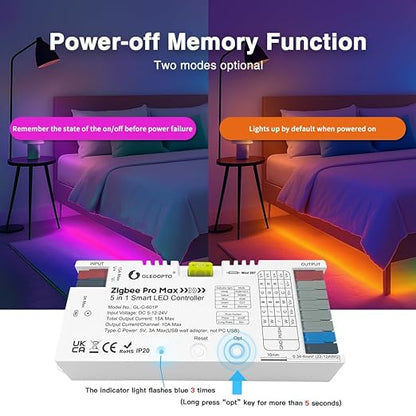 GLEDOPTO ZigBee 3.0 LED Strip Light Controller Pro Max 5 in 1 RGBCCT RGBW RGB CCT Dimmer Monochrome Color White Light Mix PWM Dimming 20A Pluggable Fuse App Voice Control (ZigBee Hub Require)