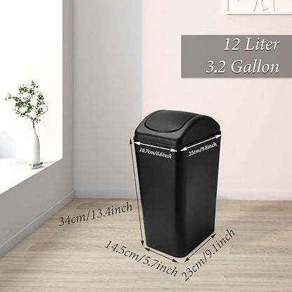 ABuff Small Lidded Trash Can, 12 Liter/3 Gallon Black Plastic Garbage Bin with Lid for Office, Bedroom, Bathroom