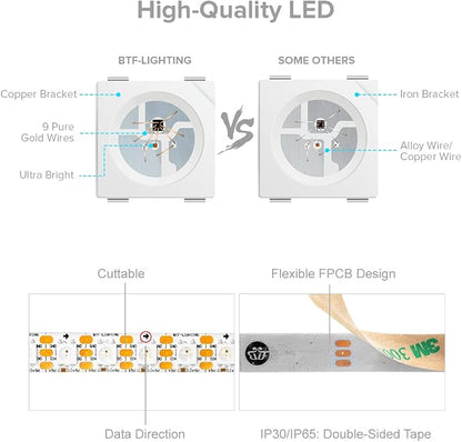 BTF-LIGHTING WS2812B IC RGB LED Strip,UL Listed,Pure Gold Wires,DC5V 3.28FT 100LED 5050SMD,Individually Addressable,Flexible for DIY Chasing Full Color Project,3M Tape,IP30(No Adapter or Controller)