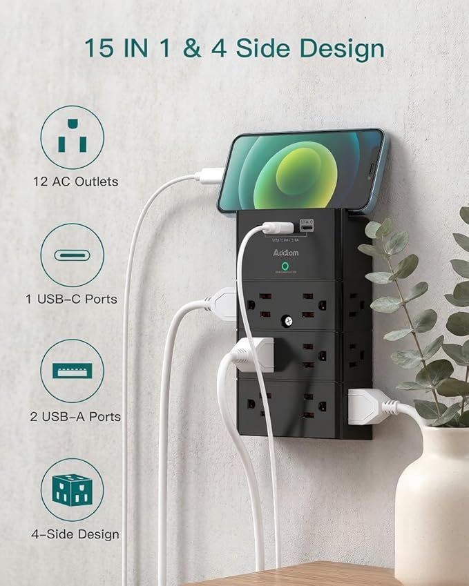 Addtam Multi Plug Wall Outlet, Surge Protector Wall Mount with 12 Outlet Extender 4 Sides and 3 USB Ports (1 USB-C), Outlet Splitter Power Strip for Home Office Dorm Room Essentials, Black