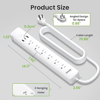 GHome Smart Power Strip 15A, 2.4G WiFi Smart plugs that work with Alexa & Google Home, Surge Protector Flat Plug with 6 APP Control WiFi outlets, FCC Listed, 7.18 Ft Flat Extension Cord, No Hub Needed