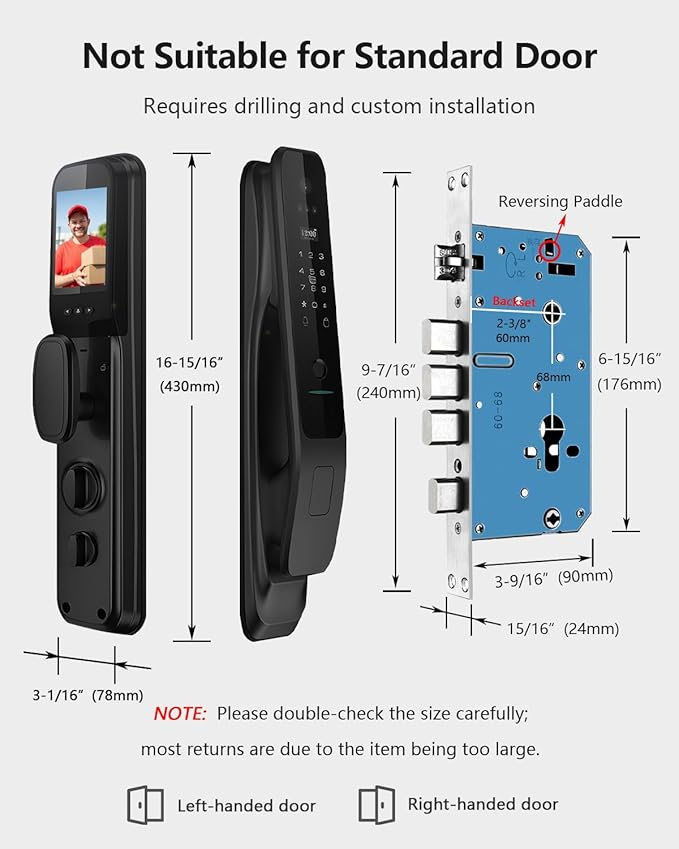 3D Face Recognition Smart Lock with Camera - Palm Vein & Fingerprint Keypad Door Handle - Video Doorbell, 4" HD Screen - Keyless Entry Electronic Mortise Deadbolt for Front Door, Waterproof