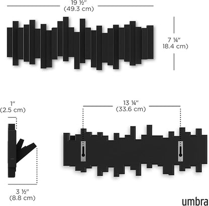 Umbra Sticks Wall Mount Coat Rack, 5 Hook Retractable Pegs, Black | Mounting hardware included, sculptural modern design, entryway or bedroom use, recycled plastic