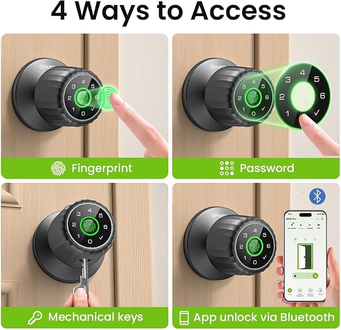 GHome Smart Fingerprint Door Lock, 4-in-1 Smart Door Knob for Bedroom, Home