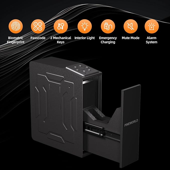 Biometric Slider Figerprint Handgun Safe with Auto Sliding Door&Keypad&Key | PINEWORLD Interior Light & Emergency Power Supply& Voice Navigation & Mute Mode, For Home, Nightstand, Car,Travel. Nice Gift