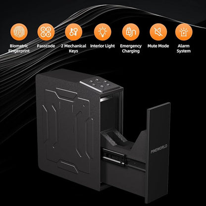 Biometric Slider Figerprint Handgun Safe with Auto Sliding Door&Keypad&Key | PINEWORLD Interior Light & Emergency Power Supply& Voice Navigation & Mute Mode, For Home, Nightstand, Car,Travel. Nice Gift