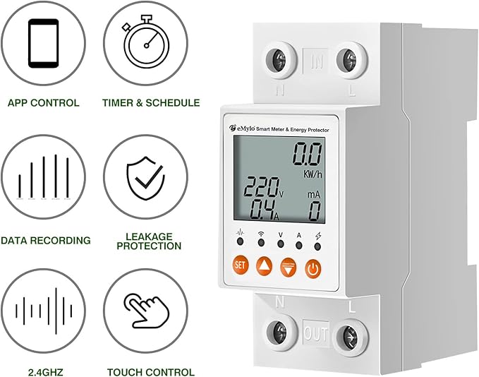 eMylo Smart Watt Meter Single-Phase AC 63A 80-400V, Tuya WiFi Power Meter Energy Monitor APP Remote Control, Circuit Breaker and Leakage Protection Suitable for Apartment Factory Home Energy Monitor
