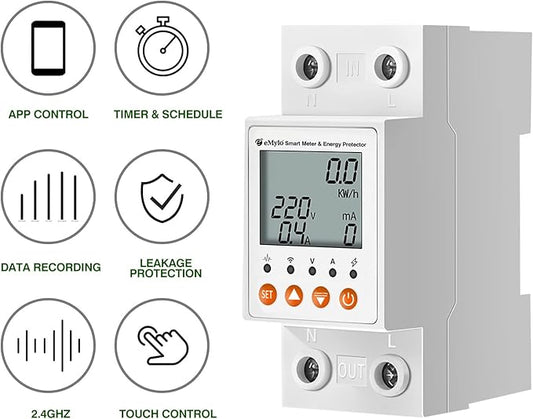 eMylo Smart Watt Meter Single-Phase AC 63A 80-400V, Tuya WiFi Power Meter Energy Monitor APP Remote Control, Circuit Breaker and Leakage Protection Suitable for Apartment Factory Home Energy Monitor