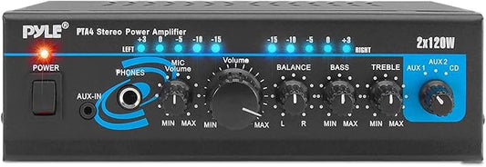 Home Audio Power Amplifier System - 2X120W Mini Dual Channel Mixer Sound Stereo Receiver Box w/ RCA, AUX, Mic Input - For Amplified Speakers, PA, CD Player, Theater, Studio Use - Pyle PTA4 Black