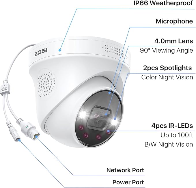 ZOSI 4K PoE Add on Security Camera with Person Vehicle Detection, Sound & Light Alarm, 2 Way Audio, Color Night Vision, 8MP Weatherproof Outdoor Indoor Dome IP Cam, Only Work with ZOSI 4K PoE NVR