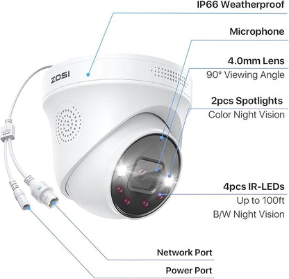 ZOSI 2-Pack 4K PoE Security Cameras with Ethernet Cables, Person/Vehicle Detection, 2-Way Audio, Weatherproof, Color Night Vision, Outdoor Indoor Camera Only Compatible with Same Brand 8MP/4K POE NVR