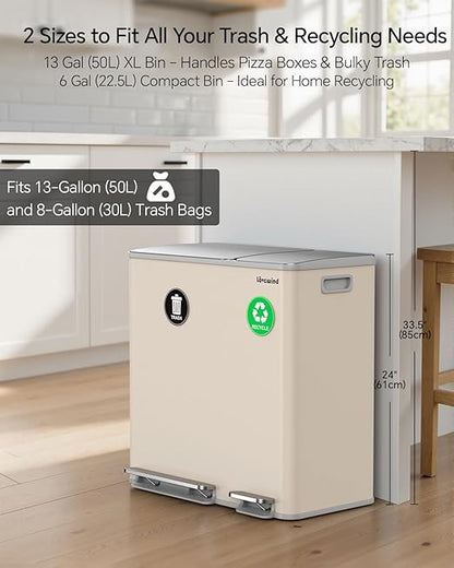 Lovewind Dual Trash and Recycling Bins for Kitchen, 13+6 Gallon Stainless Steel Garbage and Recycle Bin Combo for Large Families, Dual Trash Can with Soft Close Lid & Magnetic Stickers, Apricot
