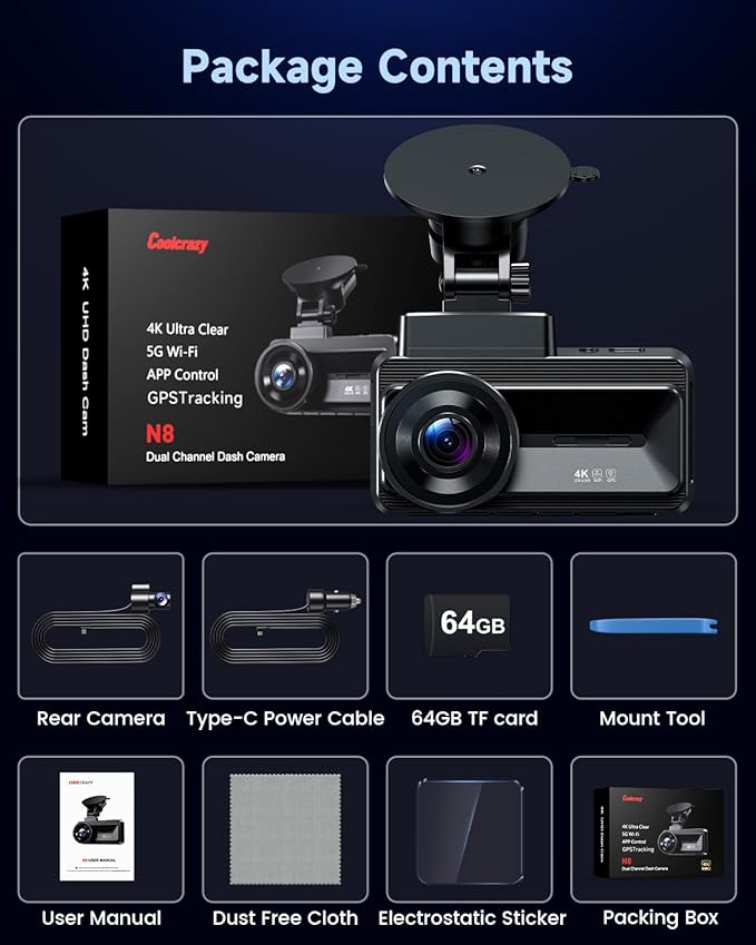 COOLCRAZY Dash Cam Front Rear - 4K+1080P Full HD Dashcam Free 64GB Card, with 5G WiFi GPS, Dual Dash Camera for Cars with 3" IPS Screen, Night Vision, HDR, App Control, 24H Parking Mode, Loop Record