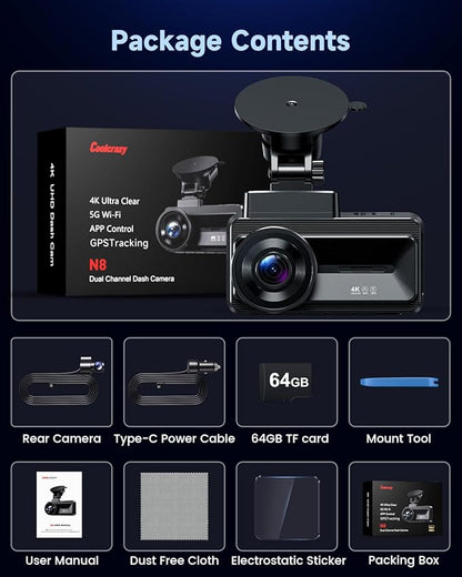 COOLCRAZY Dash Cam Front Rear - 4K+1080P Full HD Dashcam Free 64GB Card, with 5G WiFi GPS, Dual Dash Camera for Cars with 3" IPS Screen, Night Vision, HDR, App Control, 24H Parking Mode, Loop Record