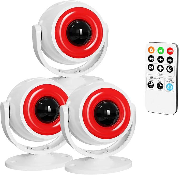 3 Pack Wireless Motion Detector Alarm for Indoor Use, PIR Motion Sensor with Sound Player for Pets, Dogs & Animal Deterrent, Intruder Alert & Remote Safety System, Noise Maker Sensor de Movimiento