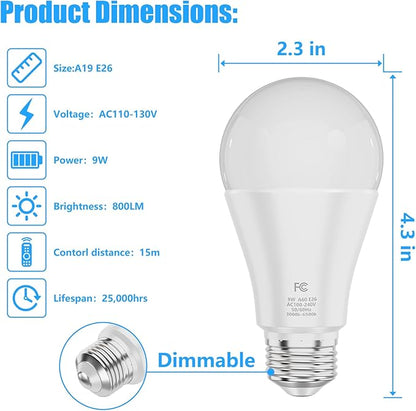 A19 Color Changing Light Bulb with Remote Control&App Control, 800LM 9W(60W Equivalent) Dimmable 3000K-6500K RGBWW,E26 Base 2.4GHz,Light Bulb for Home Decor,1Bulb&1Remote