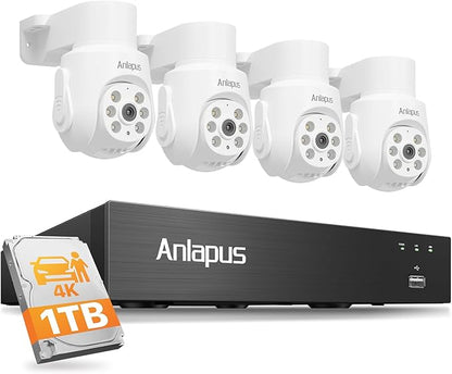 Anlapus 4K Wired Security Camera System, 4pcs 8MP 360° Pan/Tilt Cameras Outdoor Indoor, Human Vehicle Detection, Night Vision, 8CH Surveillance CCTV DVR with 1TB HDD for 24/7 Video & Audio Recording