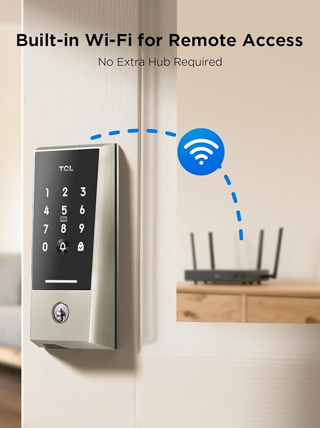 TCL Wi-Fi Smart Lock D2, Keyless Entry WiFi Door Lock with Key Fob, Built-in Doorbell, Touchscreen Keypad, App Remote Control, Easy Installation, No Bridge Required, Auto Lock (Brushed Nickel)