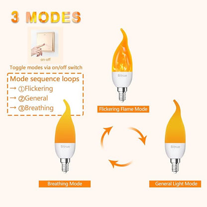 Bitrue LED Flickering Bulbs, 3 Modes Flickering Effect, E12 Chandelier Base Candle Flicker Bulb, Flicker Light Bulbs for Halloween Home Decor (E12-6 Pack)