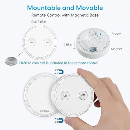 LoraTap Mini Remote Control Outlet Plug Adapter with 2 Remotes, 656ft Range Wireless Light Switch for Household Appliances, No Hub Required, 10A/1100W, White, 2 Years Warranty (2 Remotes + 1 Outlet)