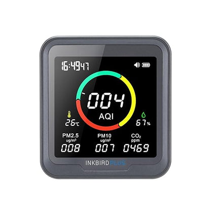INKBIRDPLUS NDIR Indoor Air Quality Monitor with Battery Powered, Detector for Co2, Pm2.5, Pm10, Aqi, Temperature & Humidity,6-in-1 Air Quality Detector Meter for Home, Grow Tent Etc.