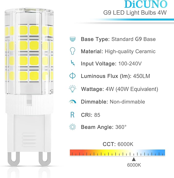 DiCUNO G9 LED Light Bulb 4W, 40W Halogen Replacement, Daylight White 6000K, 450 Lumen, G9 Bi-Pin Ceramic Base Bulb, 120V, Non-dimmable, for Chandelier Lighting, Pendant Light, 10-Pack