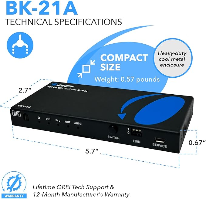 OREI 8K HDMI 2.1 Switch 4K@120hz Switcher 2 in 1 Out, with Audio Extraction 48Gbps Bandwidth, Ideal for Gaming and Streaming (BK-21A)
