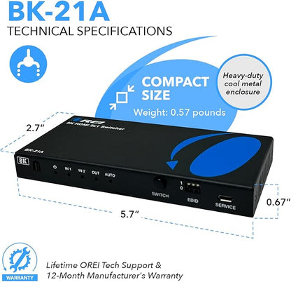 OREI 8K HDMI 2.1 Switch 4K@120hz Switcher 2 in 1 Out, with Audio Extraction 48Gbps Bandwidth, Ideal for Gaming and Streaming (BK-21A)