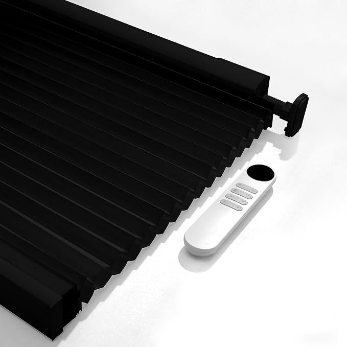 Boolegon No Drill Motorized Cellular Blinds with Remote Motorized Blackout Honeycomb Blinds for Indoor Windows Easy to Install Automatic Cellular Shades for Home,Light Filtering Black,Custom Size