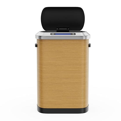 pouseayar 13 Gallon Smart Automatic Trash Can with Lid, Stainless Steel Thickened Body & Super Mute Sensor Lid with 30 Count Garbage Bags for Kitchen Office Bedroom Waste Bin and More - Wood Color