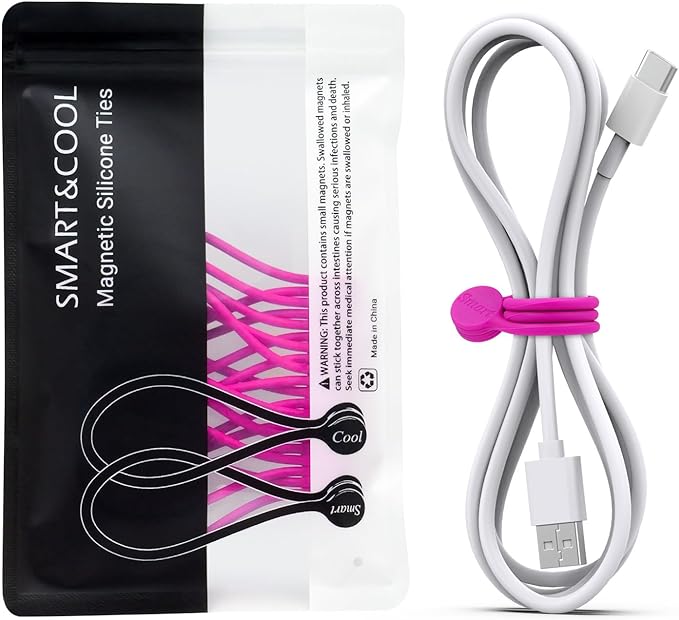 SMART&COOL Reusable Silicone Magnetic Cable Ties, Pink, 10-Pack | For Bundling and Organizing, Holding Stuff, Book Markers, Fridge Magnets
