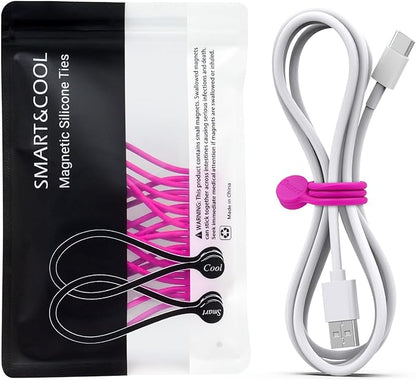 SMART&COOL Reusable Silicone Magnetic Cable Ties, Pink, 10-Pack | For Bundling and Organizing, Holding Stuff, Book Markers, Fridge Magnets