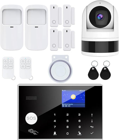 Wireless Home Alarm System, 13pcs GSM SMS 2G WiFi Full Burglar Alarm System, Siren Alarm with PIR, Door Window Sensor, Camera, Remote Control for Apartment, Garage, Office