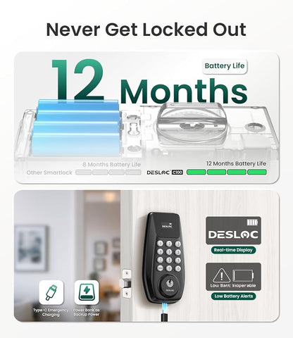 DESLOC C100 Keyless Entry Door Lock with Visual Display, Auto Lock | Create 100 Customizable User Codes and 4 One-Time Codes, 12-Month Battery, IP54, Easy Installation, BHMA Grade 3, Black