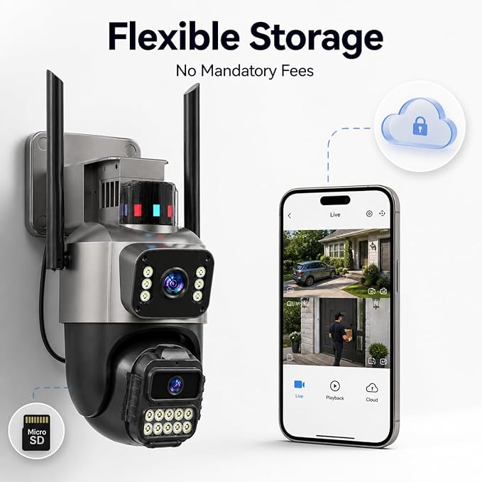 Outdoor Camera, Plug-in Security Camera Outdoor, Dual Lens PTZ 6MP, 6X Digital Zoom, Auto Tracking, Color Night Vision, 5G/2.4G Dual-Band WiFi, 2-Way Audio, IP66 Waterproof