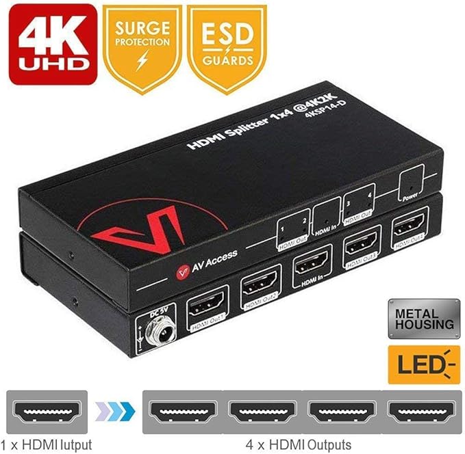 4K HDMI Splitter 1 in 4 Out 1080p 3D, PCM7.1, Dolby TrueHD, DTS-HD Master Audio, Auto EDID, Threaded Power Supply, with Built-in ESD Protection (One Input Four Output) AV Access HDMI Distributor 1x4