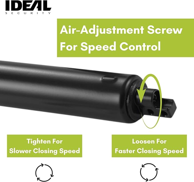 Ideal Security Model 9 Standard Duty Pneumatic Storm and Screen Door Closer, 10.5" L x 1.25" W x 1.25" H, Adjustable Speed, Smooth Closing for Lightweight to Medium Doors, Easy Install, Matte Black