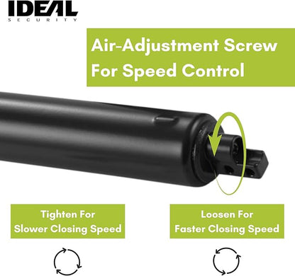 Ideal Security Model 9 Standard Duty Pneumatic Storm and Screen Door Closer, 10.5" L x 1.25" W x 1.25" H, Adjustable Speed, Smooth Closing for Lightweight to Medium Doors, Easy Install, Matte Black